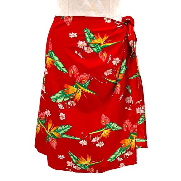 Vintage Dresses & Skirts - Vintage Hawaiian Red Floral Wrap‎ Mini Skirt Beach Coverup One Size
